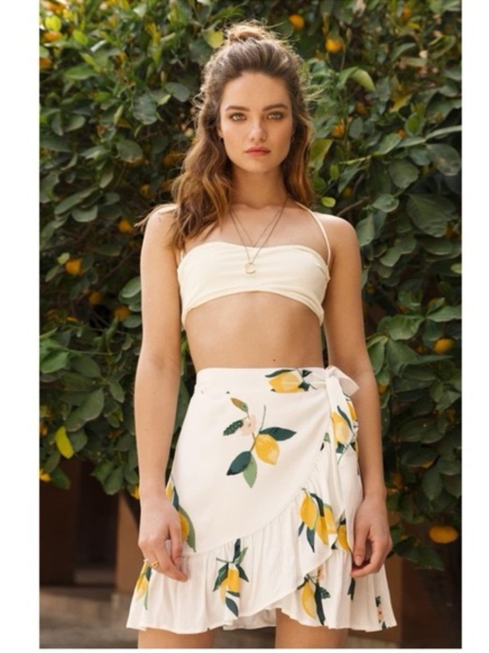 Rails Etienne Lemon Grove Print Wrap Mini Skirt Ruffle White Yellow Small